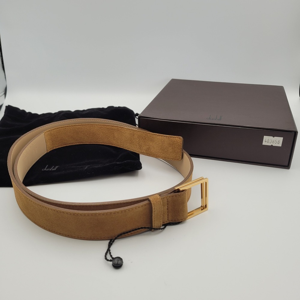 Dunhill Mens Tan Suede Gold Double Square Buckle Belt Made in Italy Size 40 102